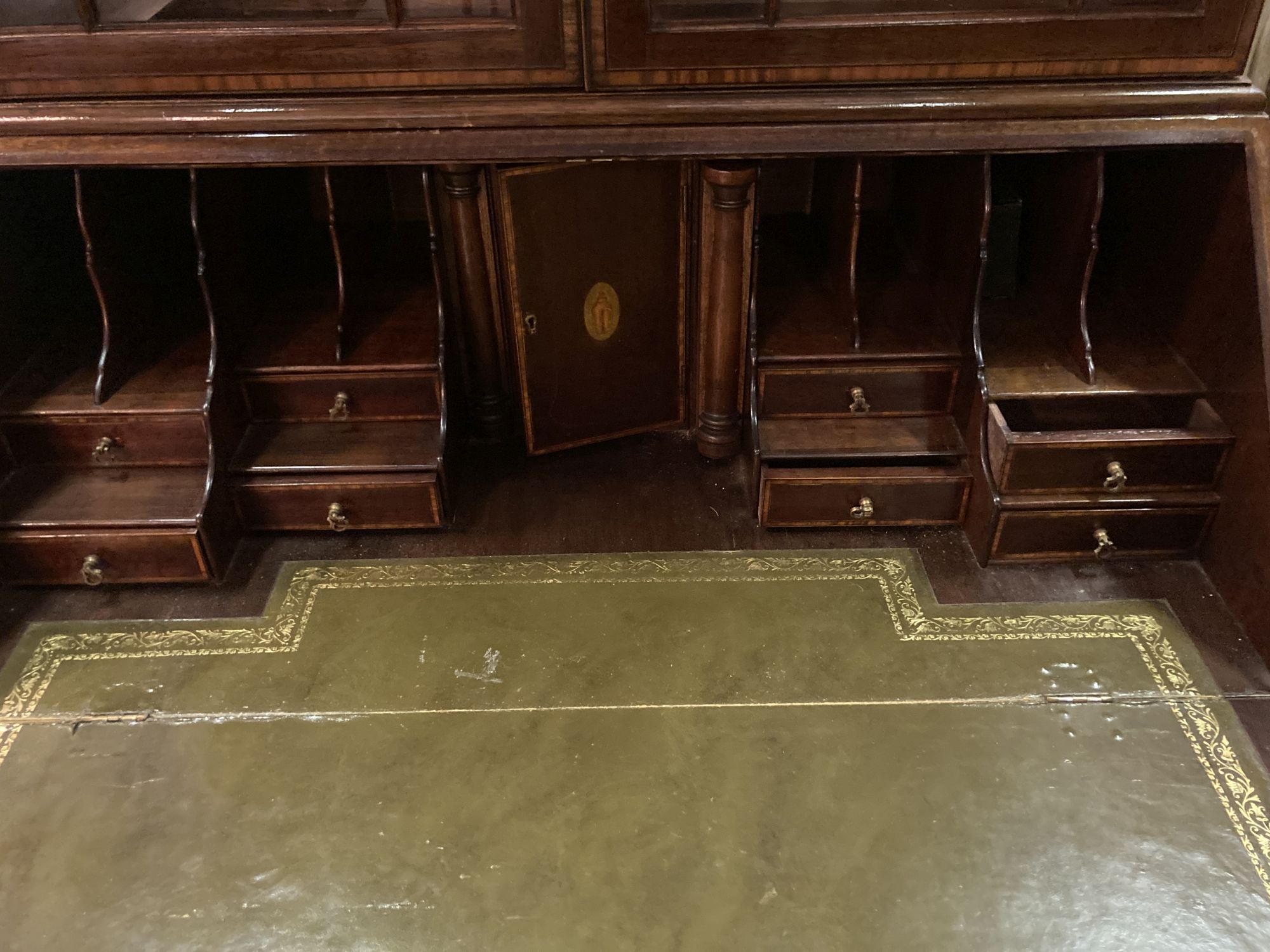 An inlaid mahogany bureau bookcase, width 95cm, depth 54cm, height 207cm